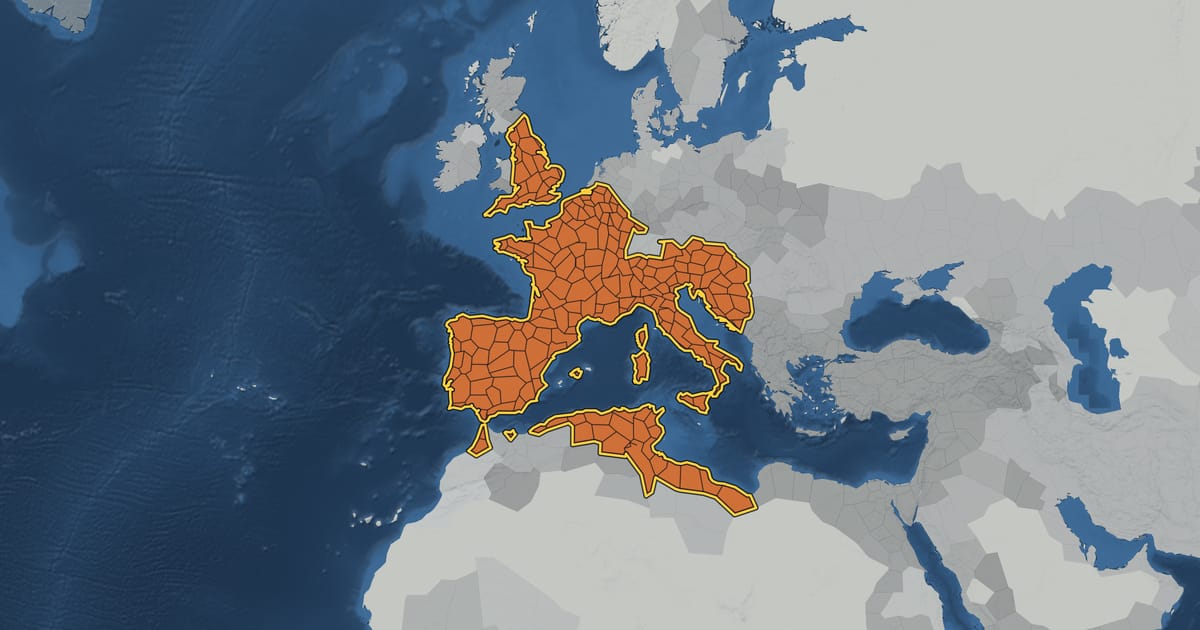 Map of the Western Roman Empire in AD 396, at its largest extent