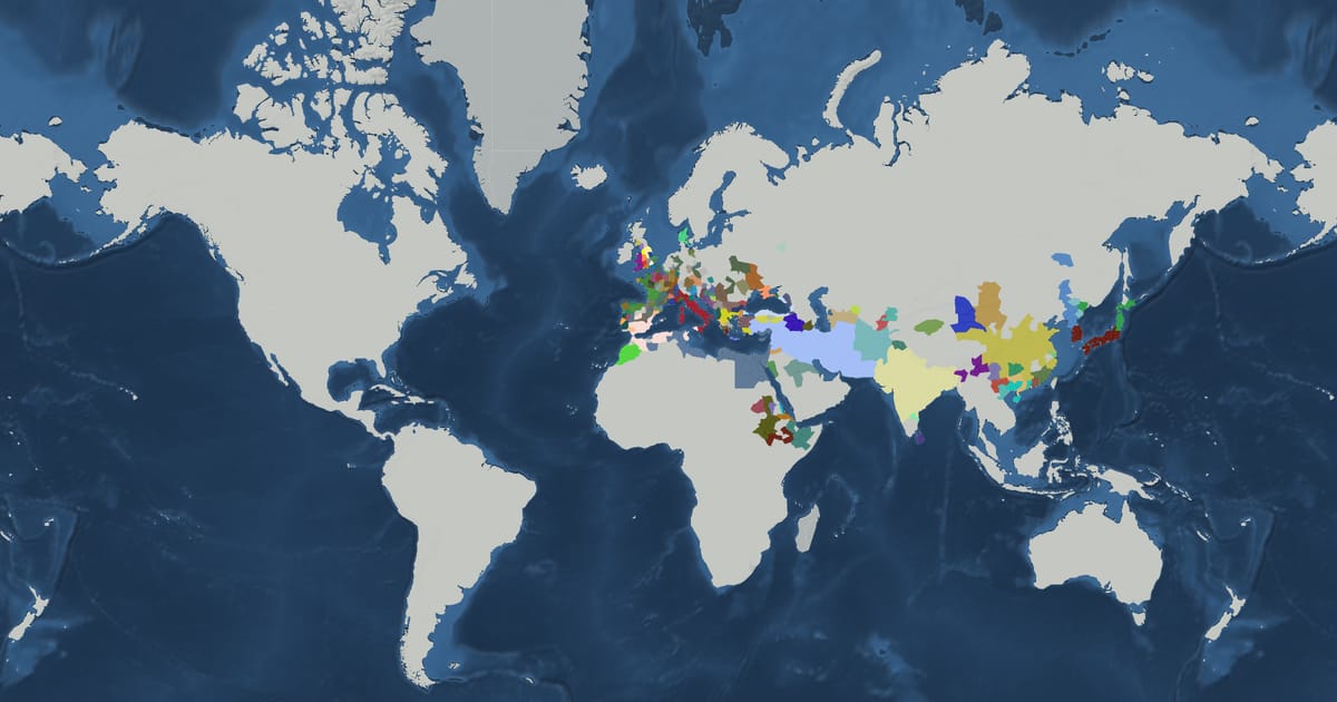 Historical map of the world in 200 BC showing the borders of states and empires