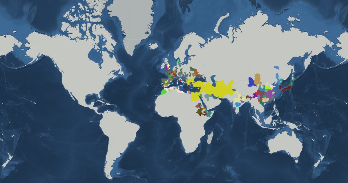 Historical map of the world in 323 BC showing the borders of states and empires