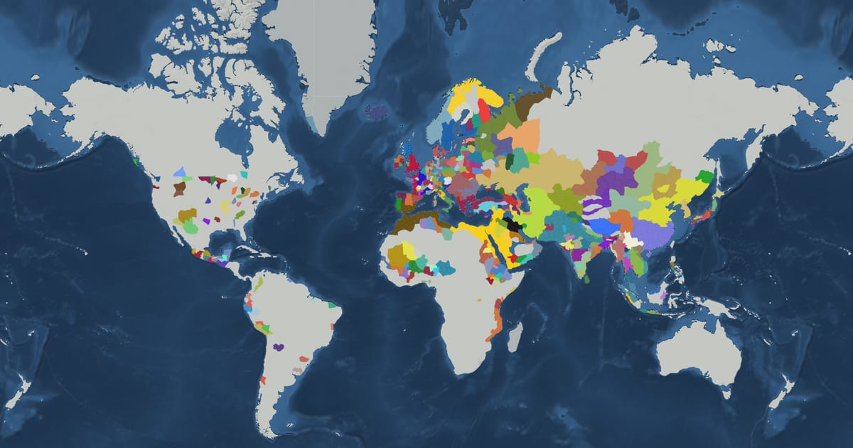 Historical map of the world in 1200 showing the borders of states and empires