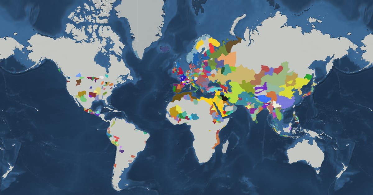 Historical map of the world in 1206 showing the borders of states and empires