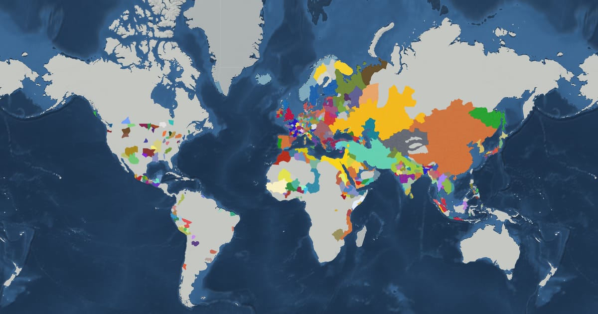 Historical map of the world in 1294 showing the borders of states and empires