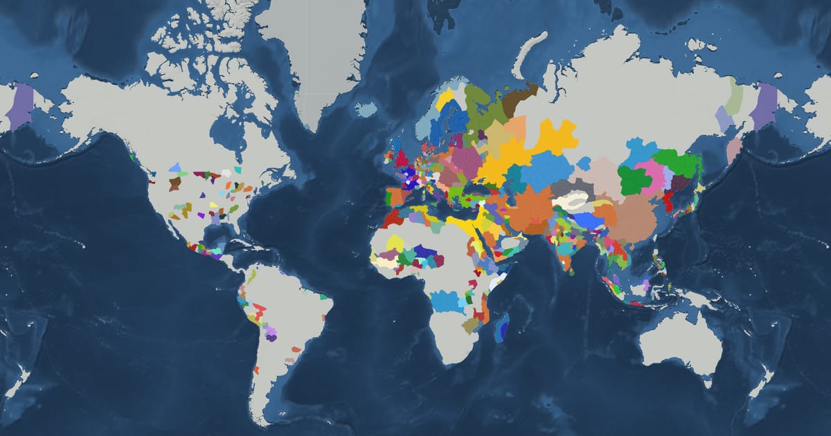 Historical map of the world in 1400 showing the borders of states and empires