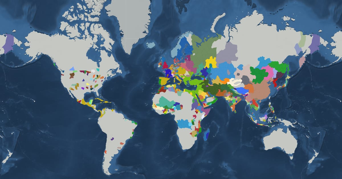Historical map of the world in 1530 showing the borders of states and empires