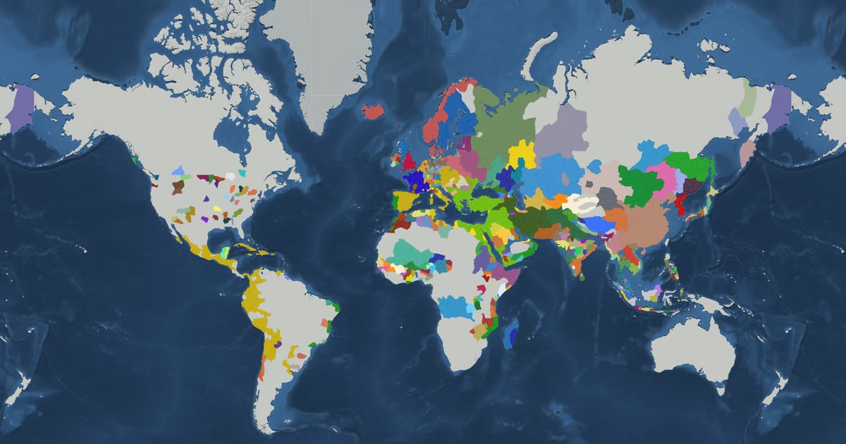Historical map of the world in 1540 showing the borders of states and empires