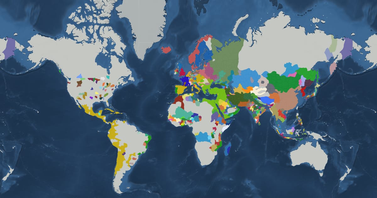 Historical map of the world in 1566 showing the borders of states and empires