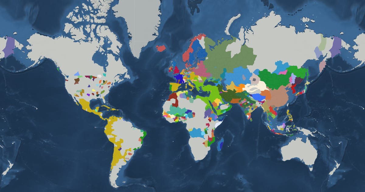 Historical map of the world in 1588 showing the borders of states and empires