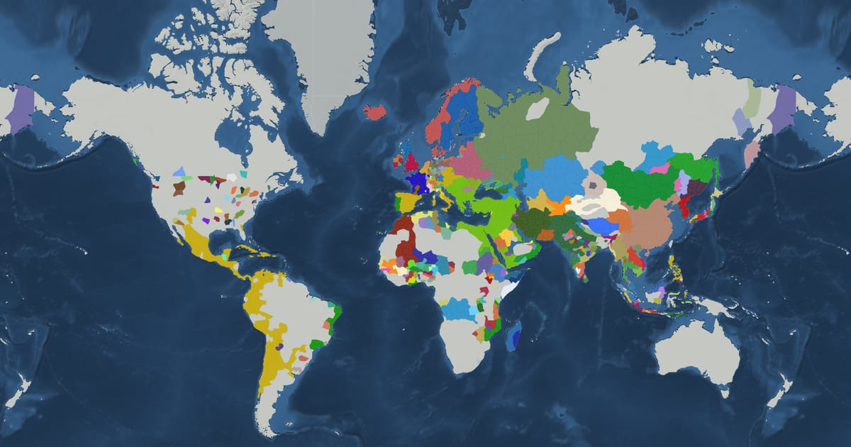 Historical map of the world in 1600 showing the borders of states and empires