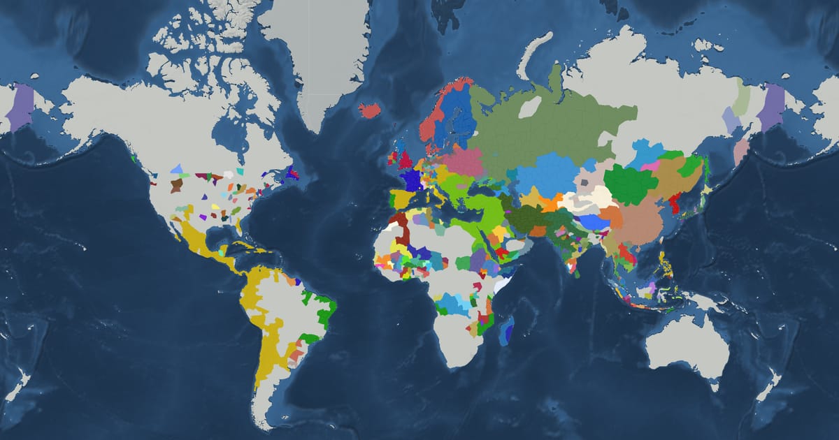Historical map of the world in 1630 showing the borders of states and empires