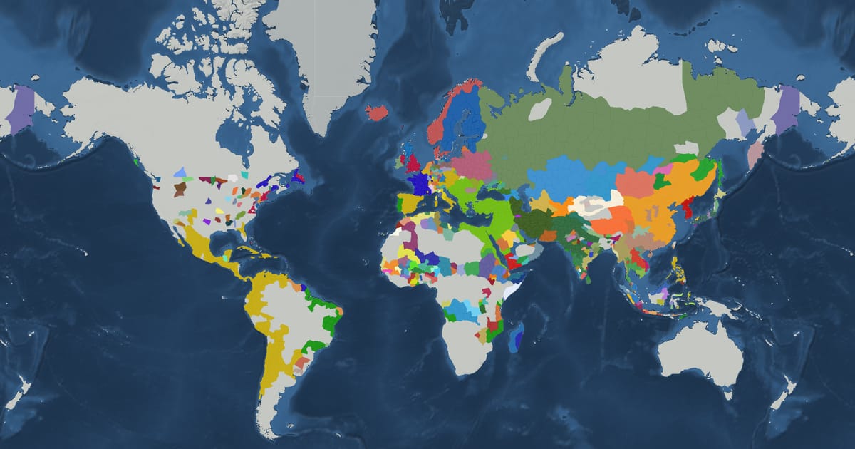 Historical map of the world in 1650 showing the borders of states and empires