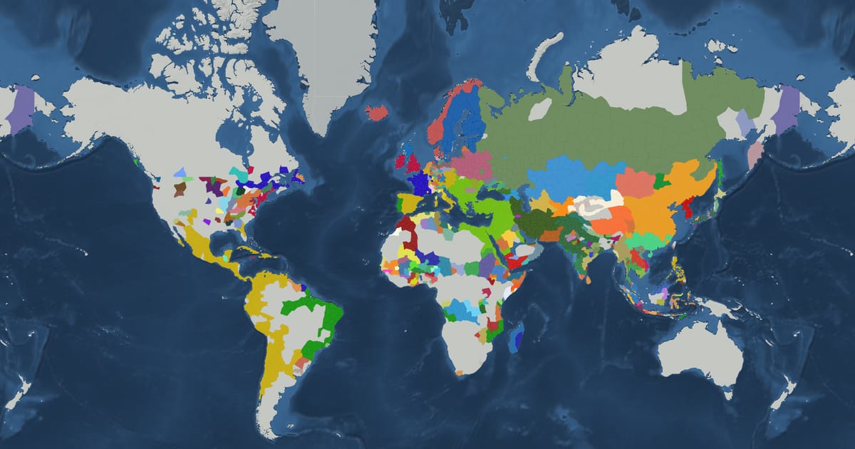 Historical map of the world in 1670 showing the borders of states and empires