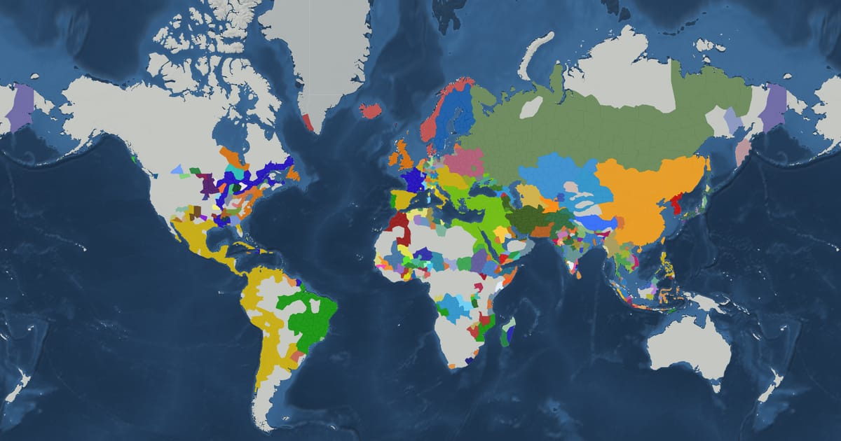 Historical map of the world in 1730 showing the borders of states and empires