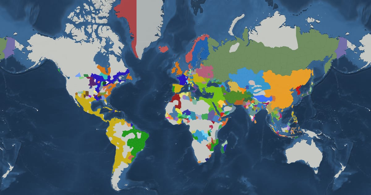 Historical map of the world in 1740 showing the borders of states and empires