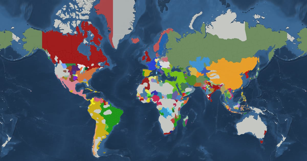 Historical map of the world in 1812 showing the borders of states and empires