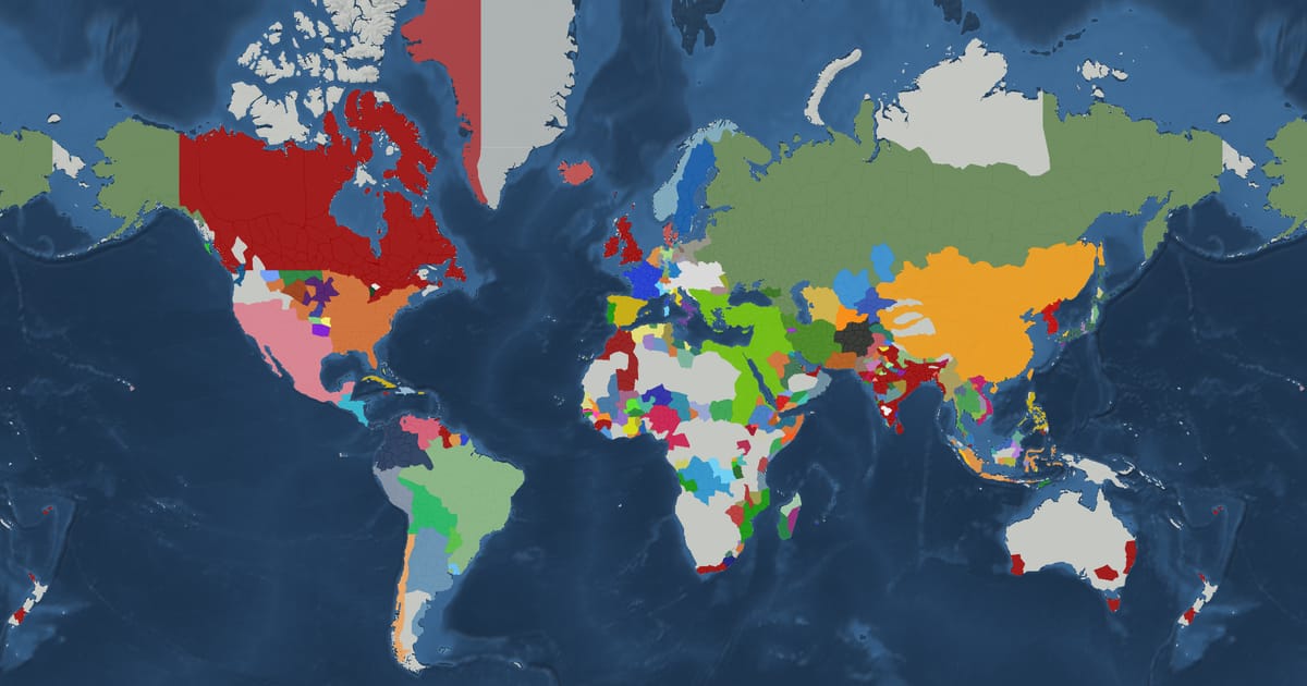 Historical map of the world in 1830 showing the borders of states and empires