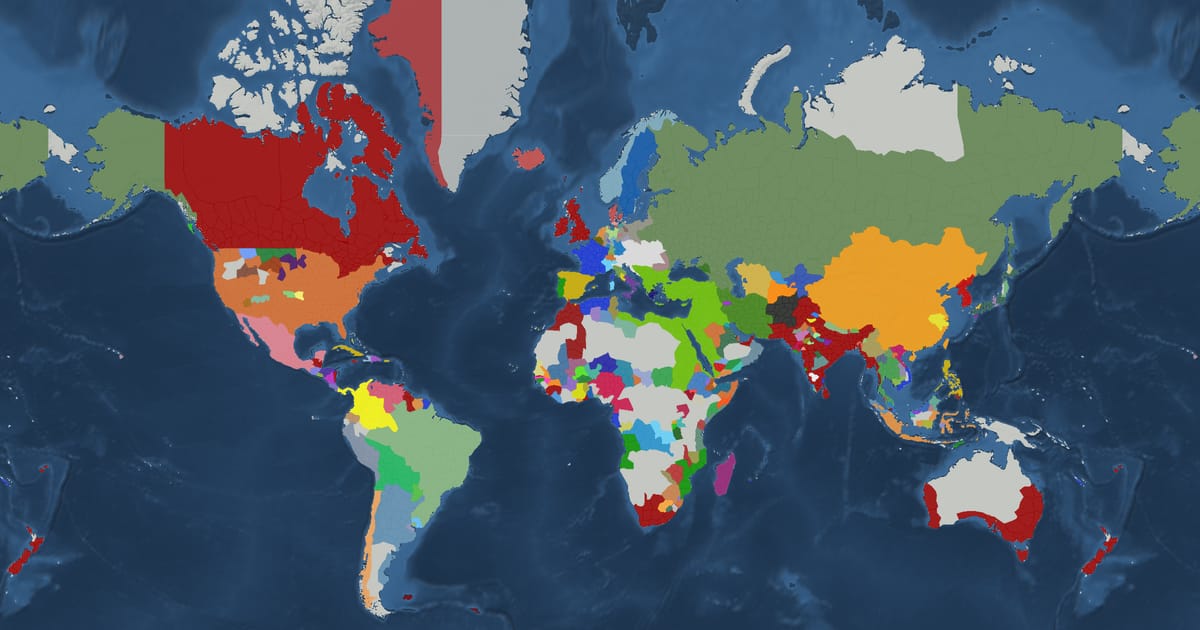 Historical map of the world in 1860 showing the borders of states and empires