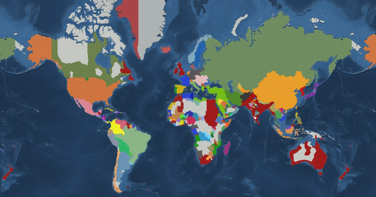 Historical map of the world in 1885 showing the borders of states and empires