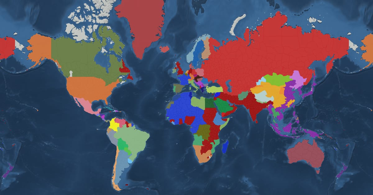 Historical map of the world in 1945 showing the borders of states and empires