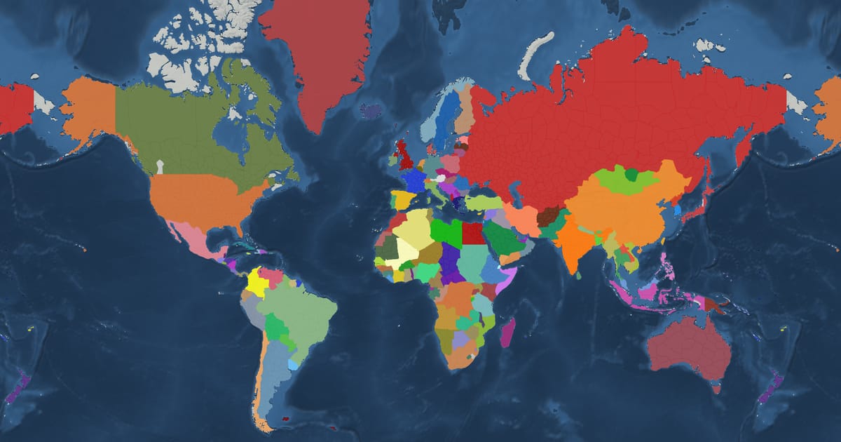 Historical map of the world in 1990 showing the borders of states and empires