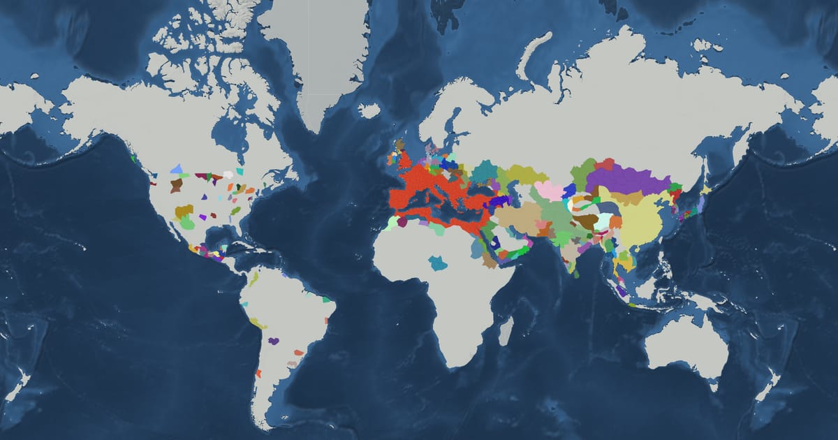 Historical map of the world in AD 200 showing the borders of states and empires