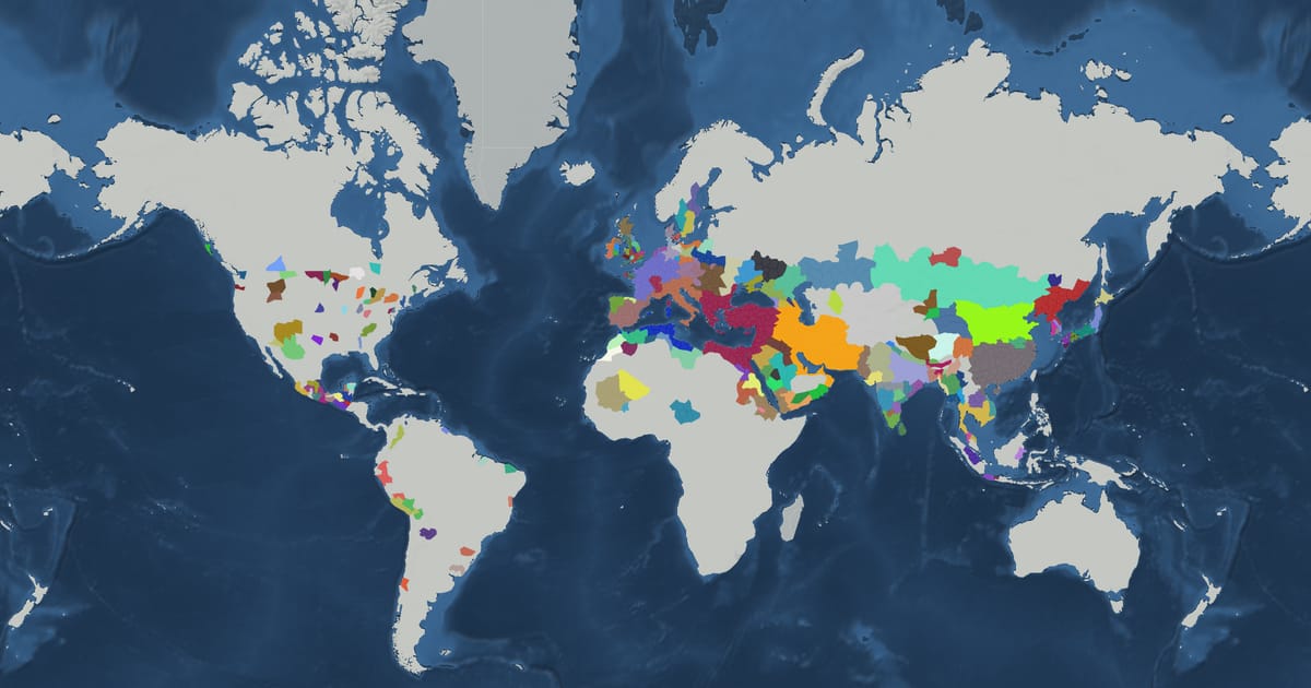 Historical map of the world in AD 533 showing the borders of states and empires