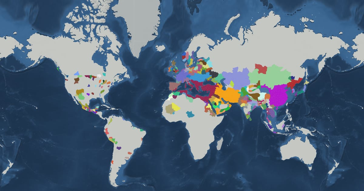 Historical map of the world in AD 600 showing the borders of states and empires