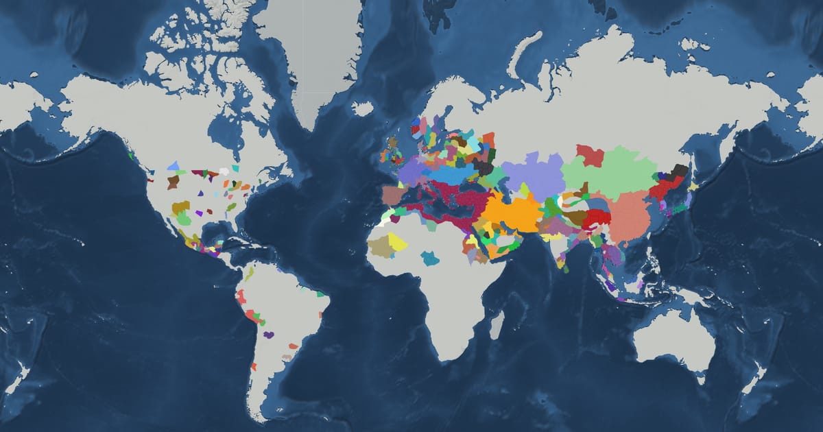 Historical map of the world in AD 622 showing the borders of states and empires
