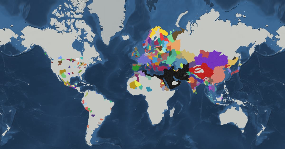 Historical map of the world in AD 800 showing the borders of states and empires