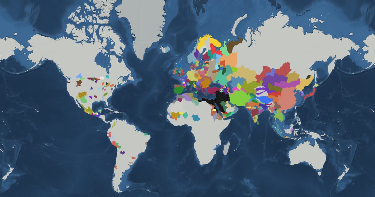 Historical map of the world in AD 900 showing the borders of states and empires